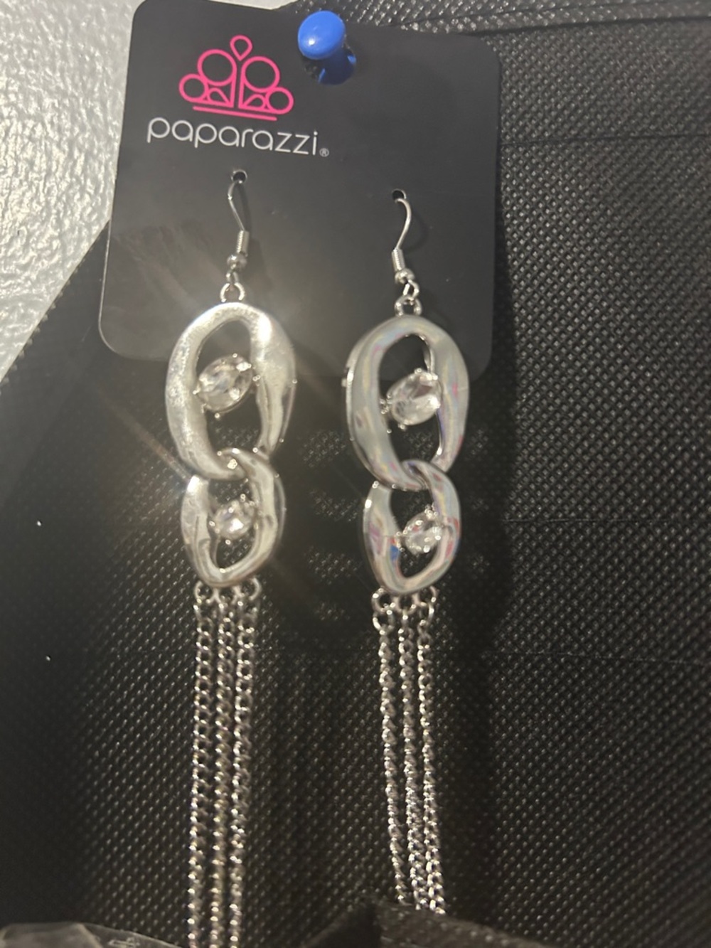Paparazzi Silver Linked Drop Earrings with Crystal Accents and Tassel Chains
